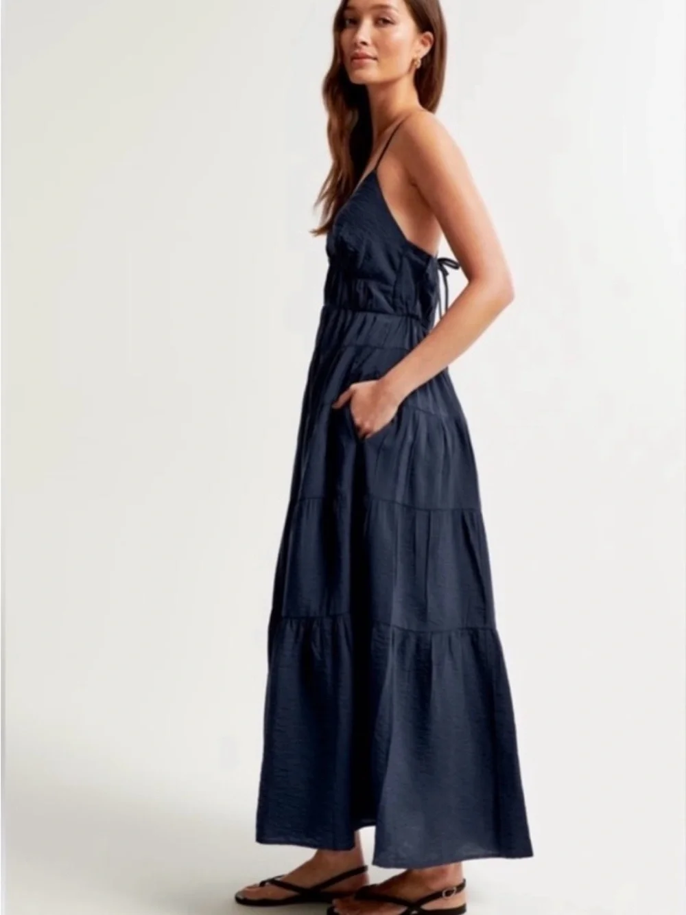 Abercrombie & Fitch Navy Tiered V-Neck Maxi with Spaghetti Straps With Pockets